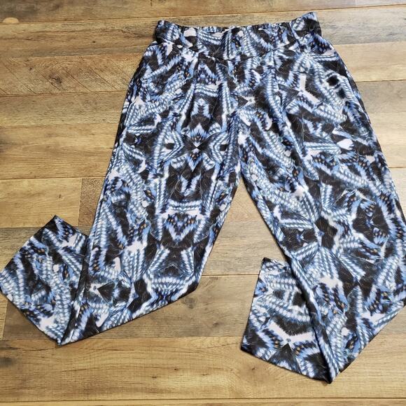 Rieley Pants High Rise Ankle Length Silky Tapered Blue and Black Pocket Medium - Picture 4 of 11